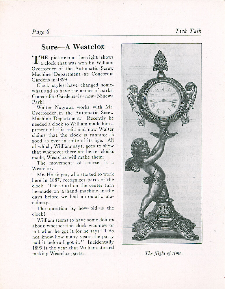 Westclox Tick Talk, December 20, 1922 (Factory Edition), Vol. 8 No. 12 > 8. Historical Picture: An Interesting Cast Clock With A Westclox 4 Inch Movement. A Base With A Cherub Holding A Clock Up. Could Be Ca. 1888.