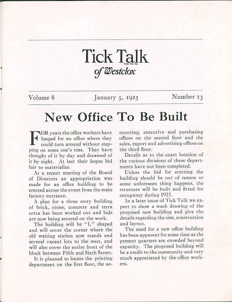 Westclox Tick Talk, January 5, 1923 (Factory Edition), Vol. 8 No. 13 > 1. Factory: "New Office To Be Built" Three Story Building Across The Street From The Factory.