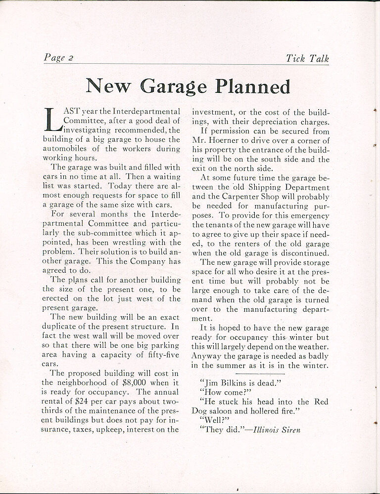 Westclox Tick Talk, January 5, 1923 (Factory Edition), Vol. 8 No. 13 > 2. Article: "New Garage Planned" Existing Garage To Be Expanded To Hold 55 Cars.