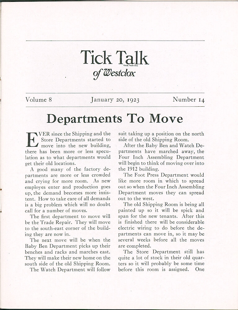 Westclox Tick Talk, January 20, 1923 (Factory Edition), Vol. 8 No. 14 > 1. Factory: "Departments To Move" Some Departments Moving Into The New Five Story Building, There Is Room For Some Departments To Expand.