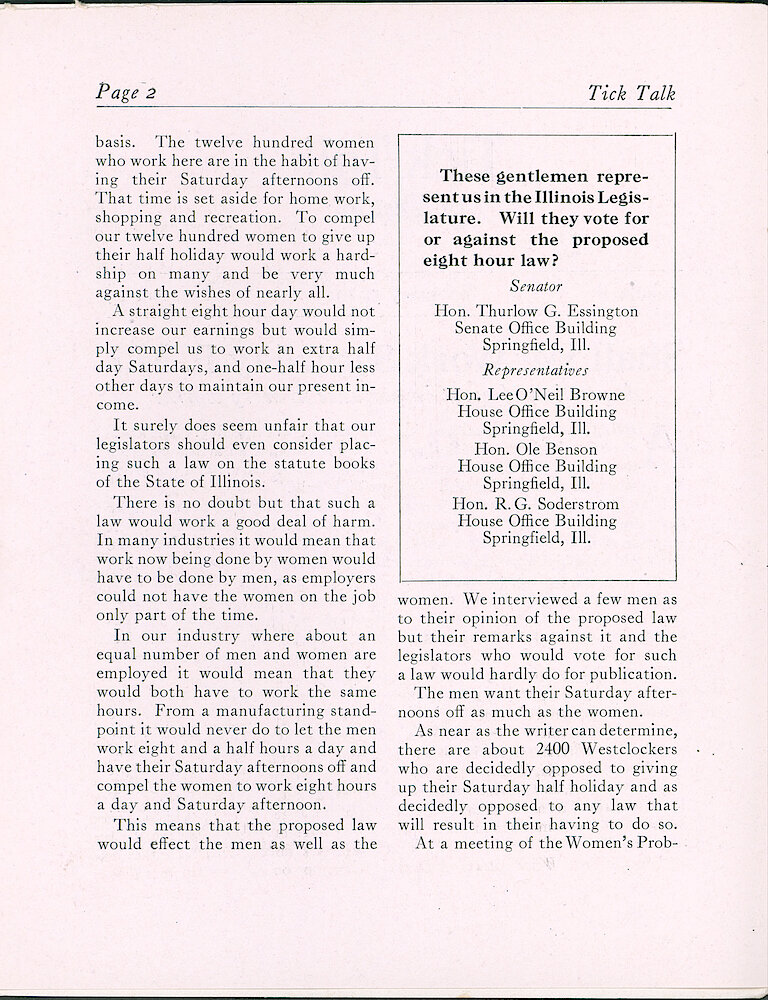 Westclox Tick Talk, February 5, 1923 (Factory Edition), Vol. 8 No. 15 > 2. Corporate: "Shall We Work Saturday P.M."