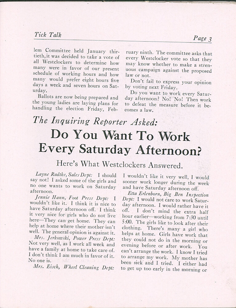 Westclox Tick Talk, February 5, 1923 (Factory Edition), Vol. 8 No. 15 > 3. Corporate: "Shall We Work Saturday P.M."