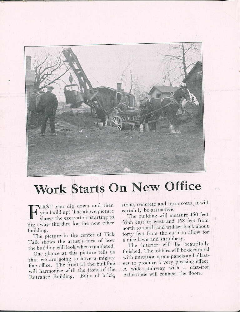 Westclox Tick Talk, February 5, 1923 (Factory Edition), Vol. 8 No. 15 > 10. Factory: Picture: "Works Starts On New Office"