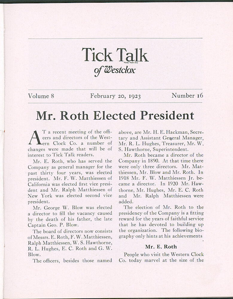 Westclox Tick Talk, February 20, 1923 (Factory Edition), Vol. 8 No. 16 > 1. Personnel: "Mr. Roth Elected President"