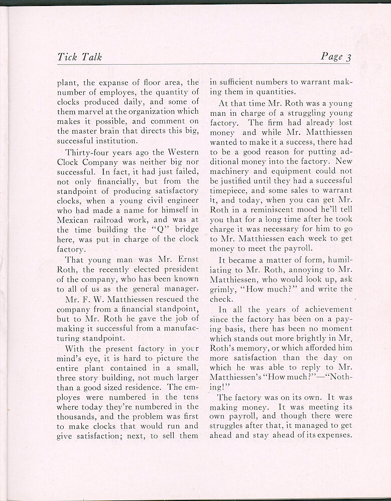 Westclox Tick Talk, February 20, 1923 (Factory Edition), Vol. 8 No. 16 > 3. Personnel: "Mr. Roth Elected President"