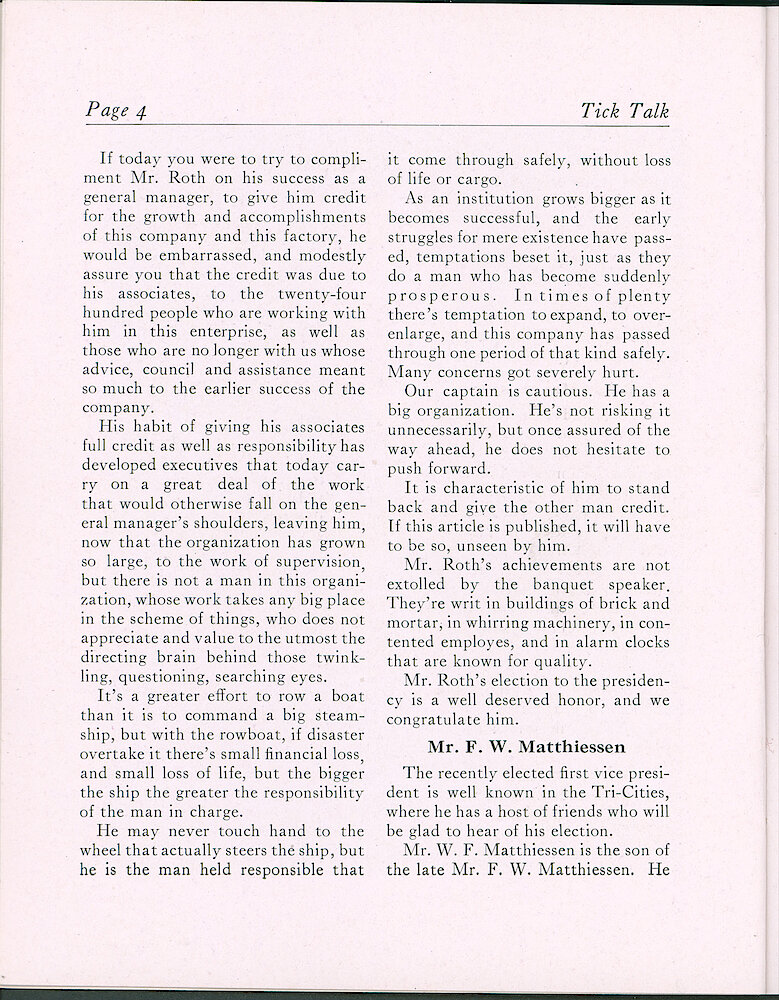 Westclox Tick Talk, February 20, 1923 (Factory Edition), Vol. 8 No. 16 > 4. Personnel: "Mr. Roth Elected President" Personnel: "Mr. W. F. Matthiessen, Son Of The Late Mr. F. W. Matthiessen, Elected First VP.