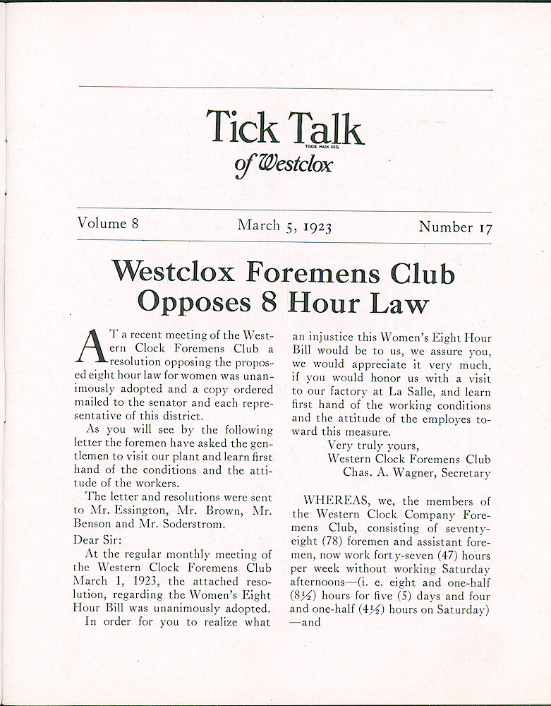 Westclox Tick Talk, March 5, 1923 (Factory Edition), Vol. 8 No. 17 > 1