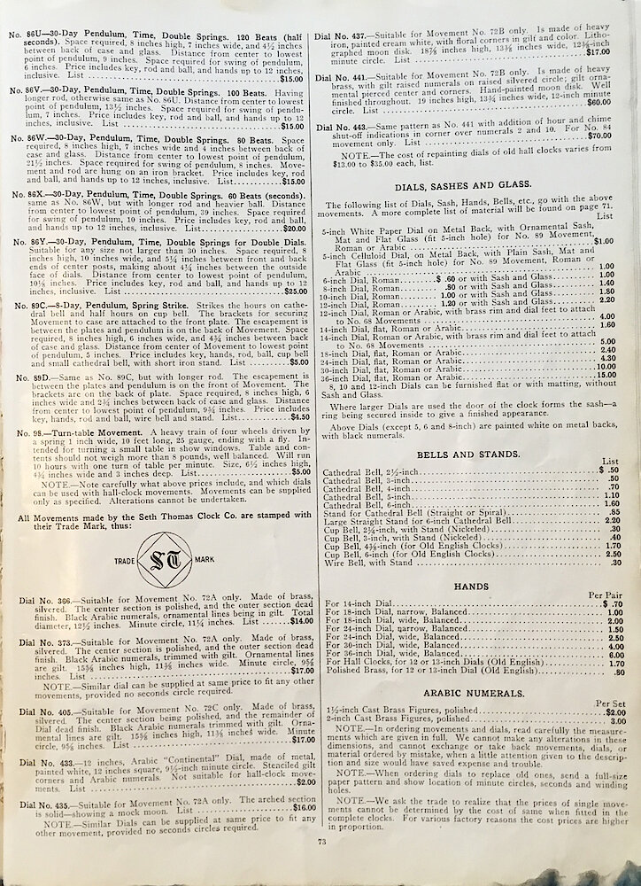 1813 - 1913 Centennial Catalog - Seth Thomas Clock Company Catalog No. 700 > Clock Movements