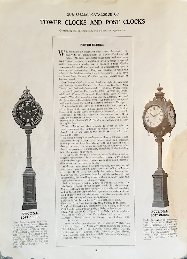 1813 - 1913 Centennial Catalog - Seth Thomas Clock Company Catalog No. 700 > Tower and Post Clocks