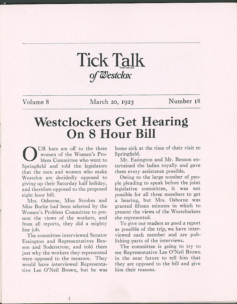 Westclox Tick Talk, March 20, 1923 (Factory Edition), Vol. 8 No. 18 > 1