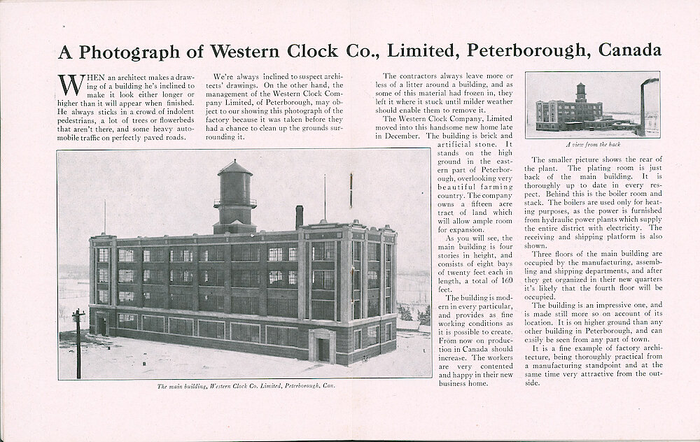 Westclox Tick Talk, March 20, 1923 (Factory Edition), Vol. 8 No. 18 > 12-13. Factory: The New Factory In Peterborough, Ontario, Canada.