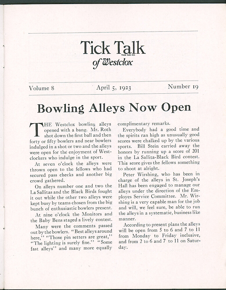 Westclox Tick Talk, April 5, 1923 (Factory Edition), Vol. 8 No. 19 > 1. Factory: "Bowling Alleys Now Open"