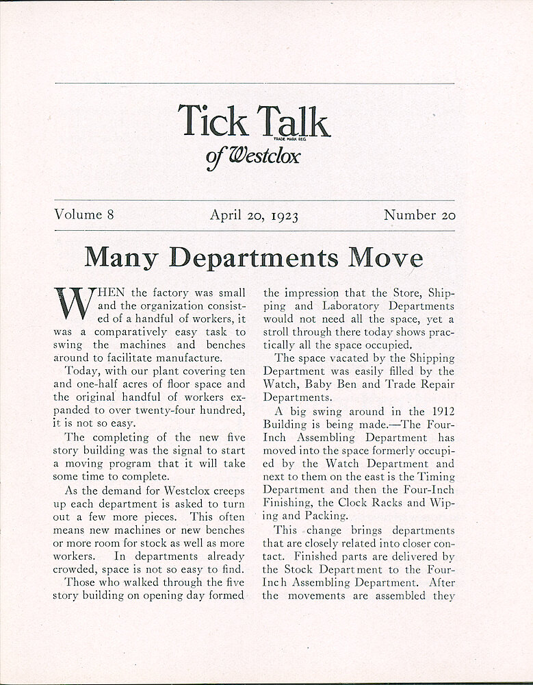 Westclox Tick Talk, April 20, 1923 (Factory Edition), Vol. 8 No. 20 > 1