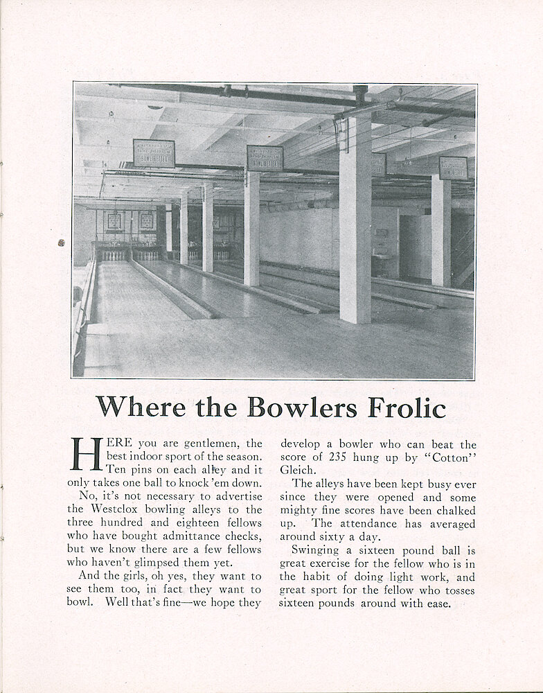 Westclox Tick Talk, April 20, 1923 (Factory Edition), Vol. 8 No. 20 > 3. Factory: The New Bowling Alley.