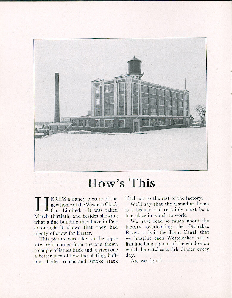 Westclox Tick Talk, April 20, 1923 (Factory Edition), Vol. 8 No. 20 > 6. Exterior Factory Photo: New Canadian Factory In The Snow.