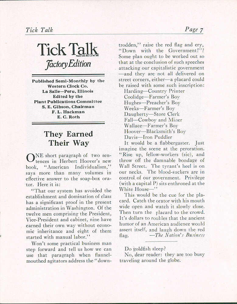 Westclox Tick Talk, April 20, 1923 (Factory Edition), Vol. 8 No. 20 > 7. Typical "Tick Talk" Masthead Showing "Factory Edition". This Is Not On Page One In This Period.