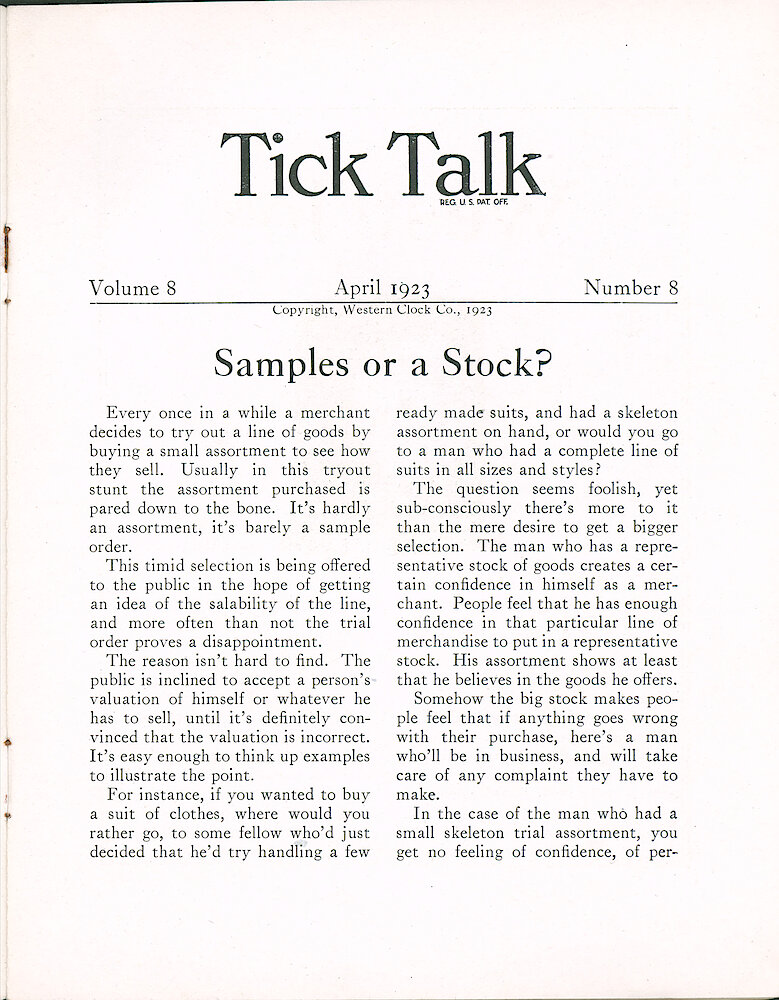 Westclox Tick Talk, April 1923 (Jewelers Edition), Vol. 8 No. 8 > 1