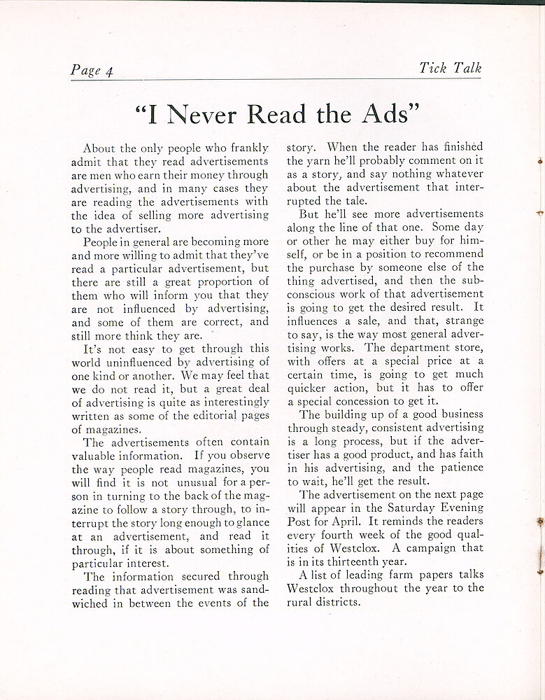 Westclox Tick Talk, April 1923 (Jewelers Edition), Vol. 8 No. 8 > 4. Advertisement Caption: "I Never Read The Ads" Refers To The Ad On Page 5 And Discusses Advertising Philosophy.