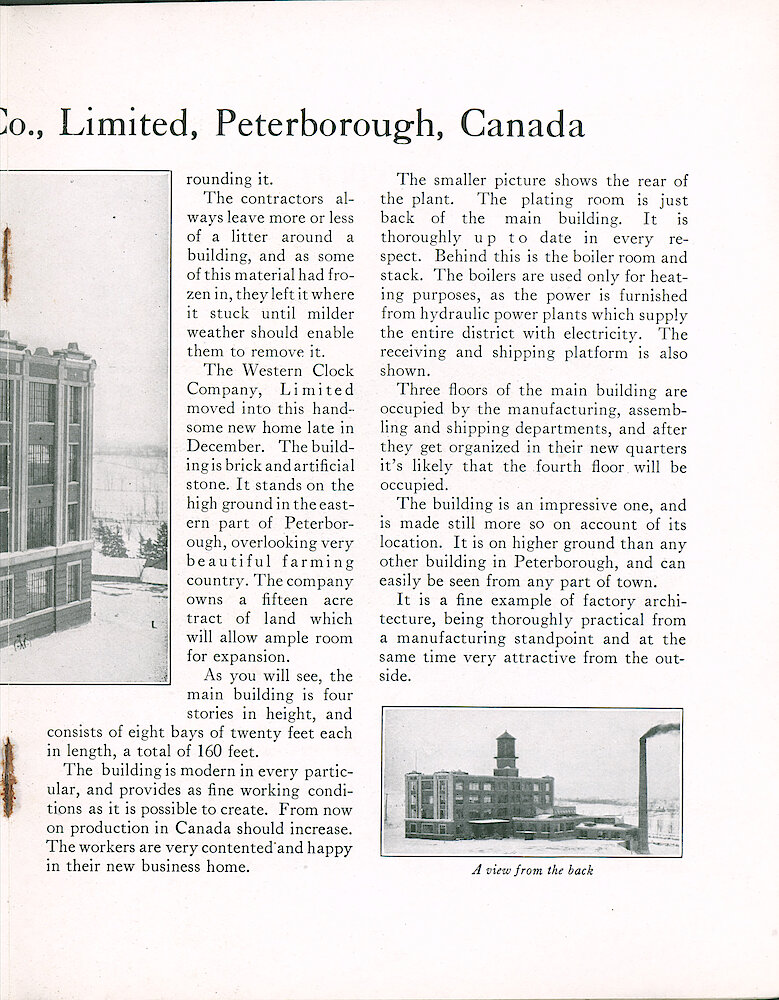 Westclox Tick Talk, April 1923 (Jewelers Edition), Vol. 8 No. 8 > 9. Factory: "A Photograph Of The Western Clock Co., Limited, Peterborough, Canada.