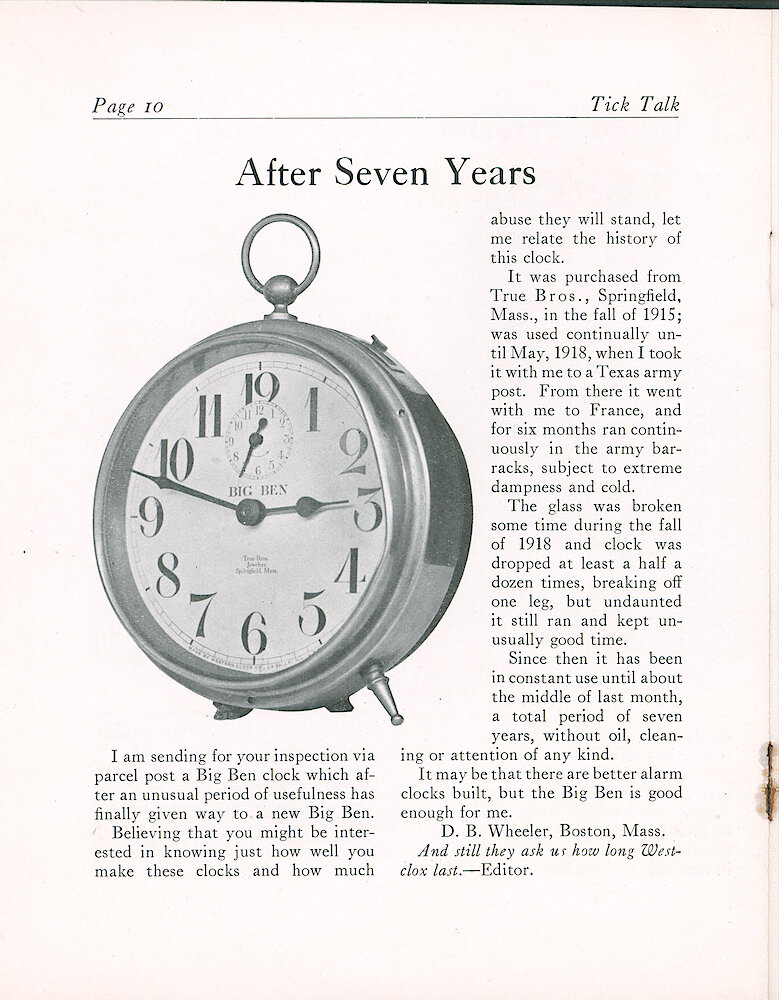 Westclox Tick Talk, April 1923 (Jewelers Edition), Vol. 8 No. 8 > 10. Historical Picture: A Big Ben Purchased In 1915.