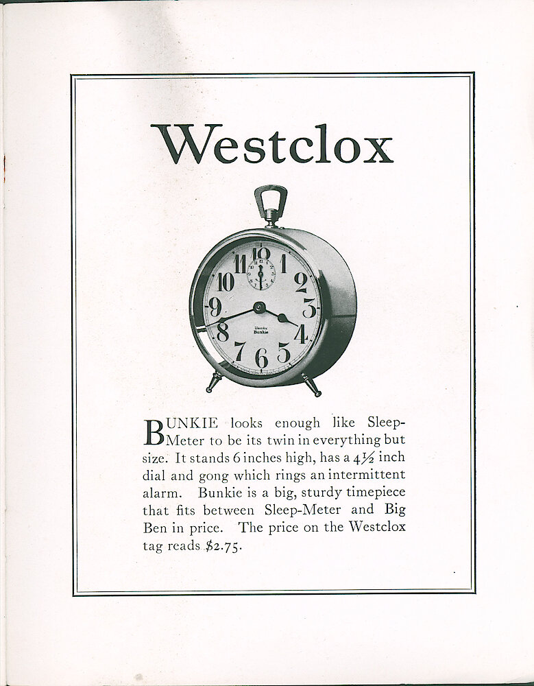 Westclox Tick Talk, April 1923 (Jewelers Edition), Vol. 8 No. 8 > 17. Advertisement: Bunkie, $2.75