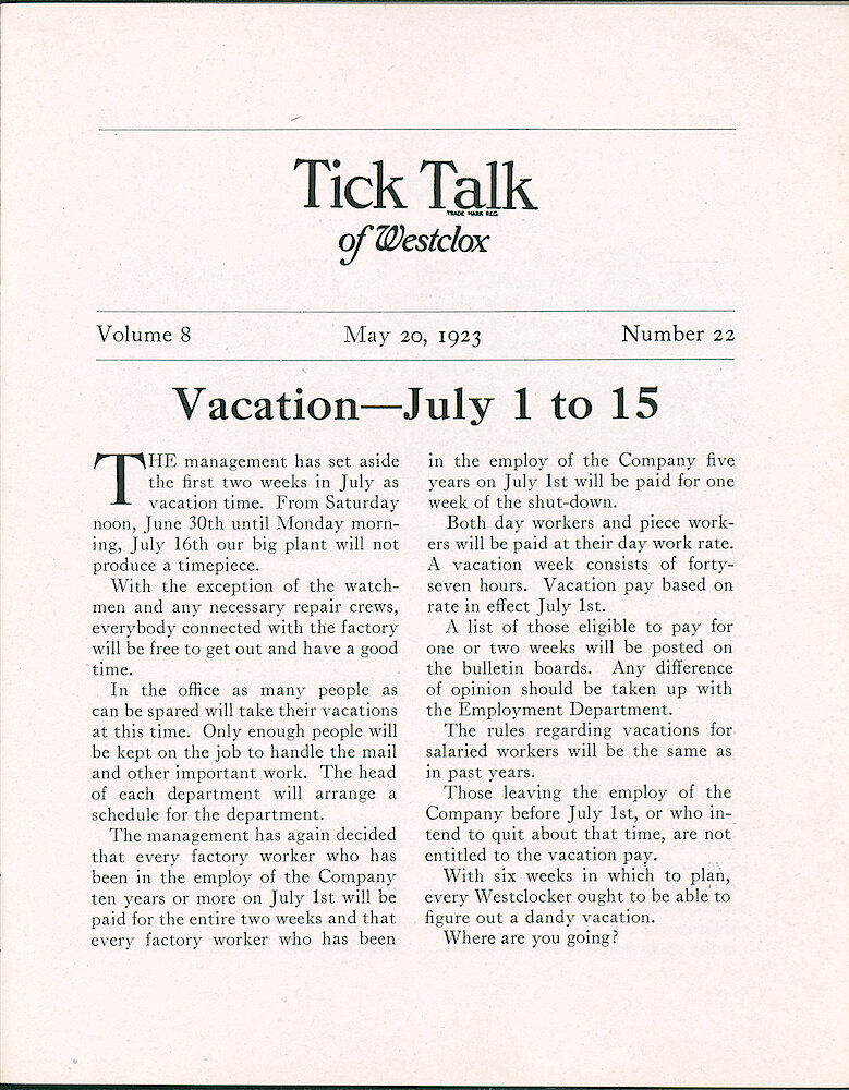 Westclox Tick Talk, May 20, 1923 (Factory Edition), Vol. 8, No. 22 > 1