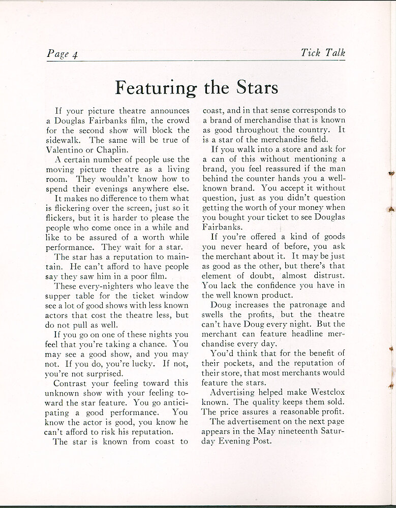 Westclox Tick Talk, May 1923 (Jewelers Edition), Vol. 8 No. 9 > 4. Advertising Caption: "Featuring The Stars" References The Ad On Page 5 - It Will Appear In The May 19th Saturday Evening Post.