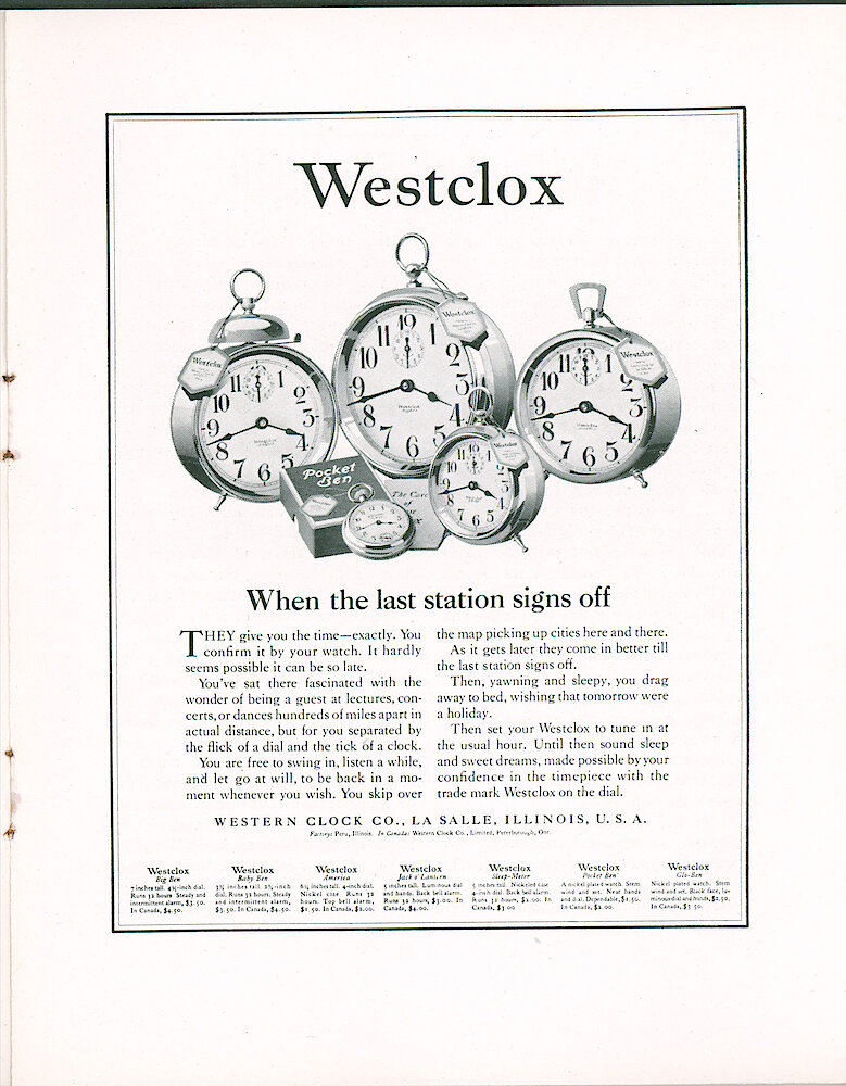 Westclox Tick Talk, May 1923 (Jewelers Edition), Vol. 8 No. 9 > 5. Advertisement: "When The Last Station Signs Off" Shows Big Ben, Baby Ben, America, Jack O&039;Lantern And Pocket Ben. Also Mentions Glo-Ben And  Sleep-Meter. Article And Caption On Page 4.