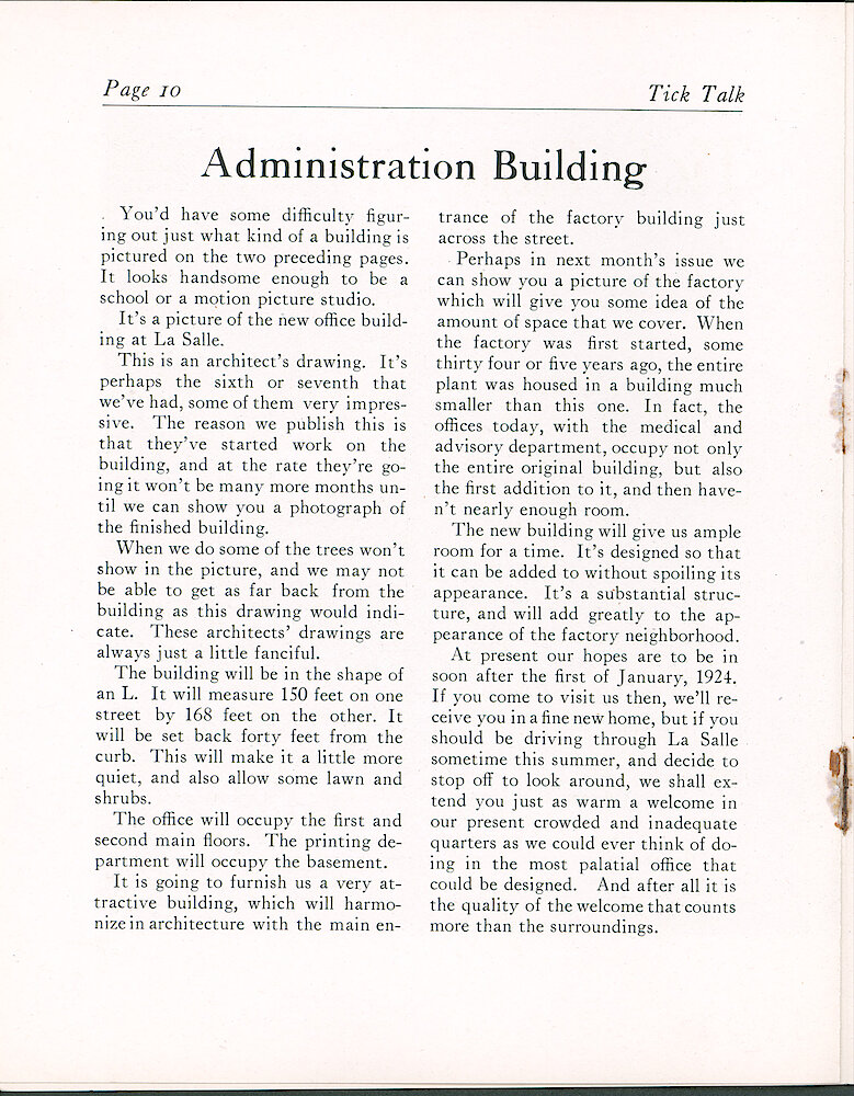 Westclox Tick Talk, May 1923 (Jewelers Edition), Vol. 8 No. 9 > 10. Factory: New Administration Building.