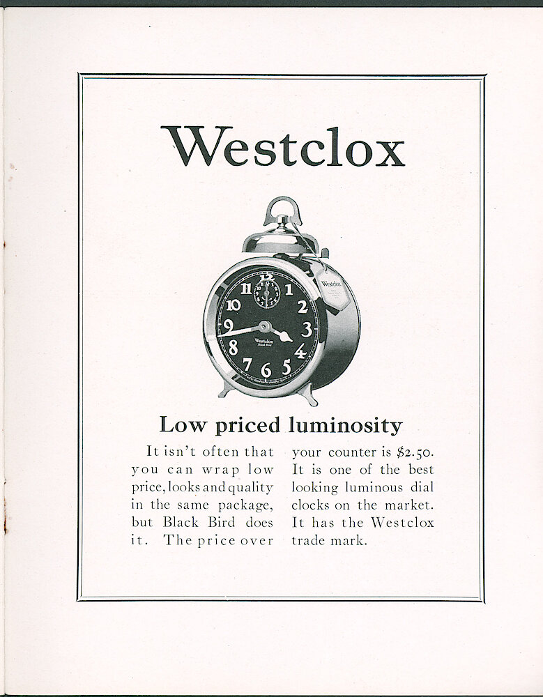 Westclox Tick Talk, May 1923 (Jewelers Edition), Vol. 8 No. 9 > 17. Advertisement: Black Bird "Low Priced Luminosity"