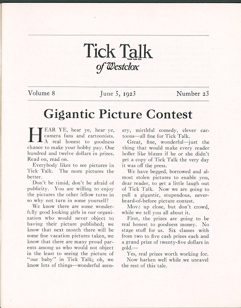 Westclox Tick Talk, June 5, 1923 (Factory Edition), Vol. 8 No. 23 > 1