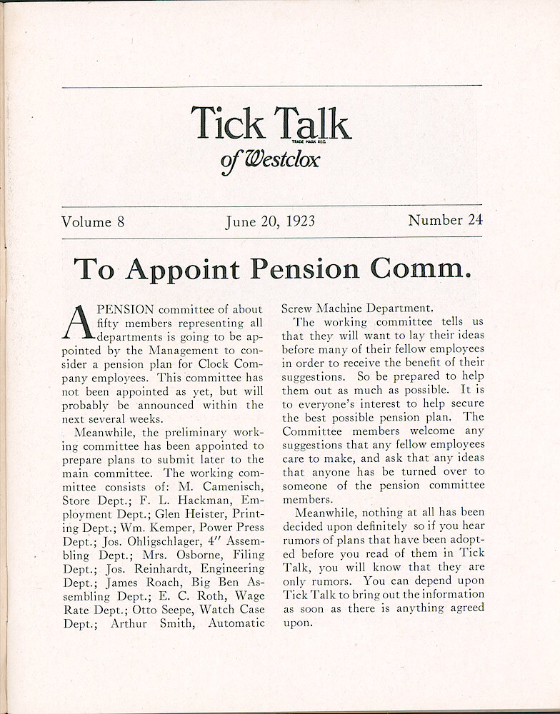 Westclox Tick Talk, June 20, 1923 (Factory Edition), Vol. 8 No. 24 > 1