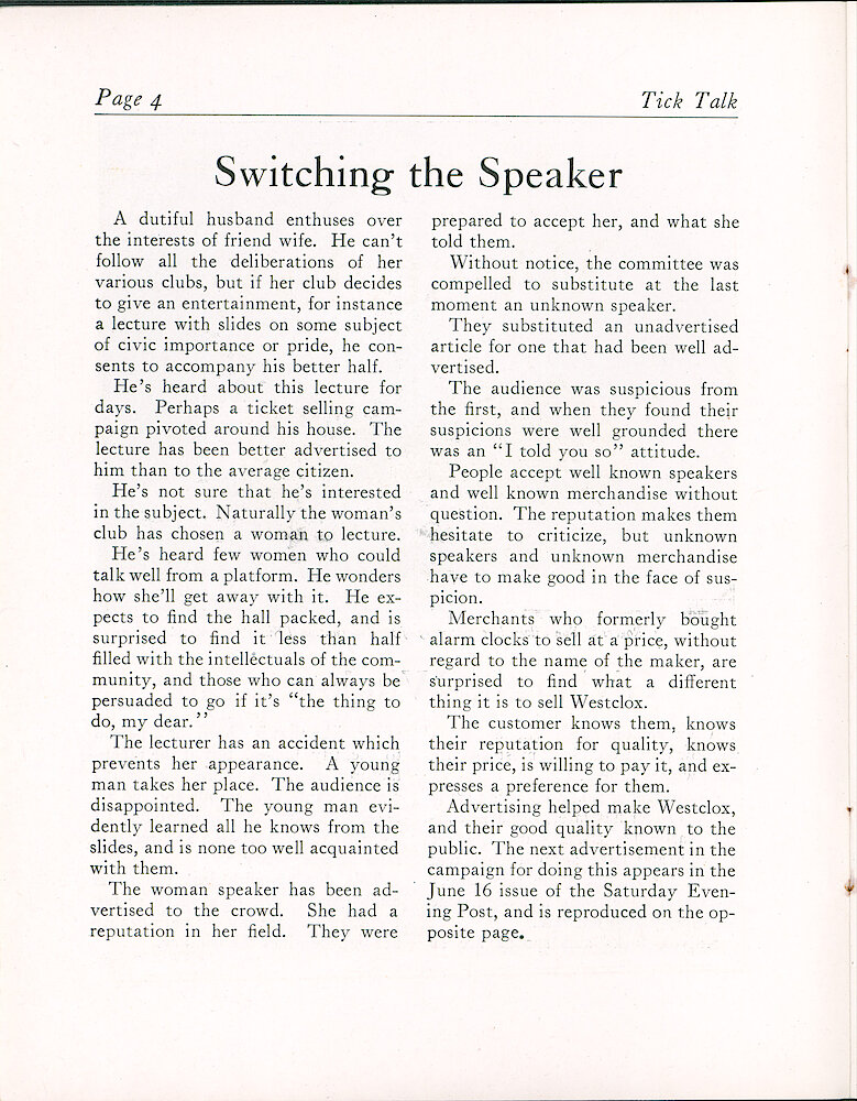 Westclox Tick Talk, June 1923 (Jewelers Edition), Vol. 8 No. 10 > 4. Advertising Caption: Article: "Switching The Speaker" Refers To The Ad On Page 5 Which Will Appear In The June 16 Saturday Evening Post.