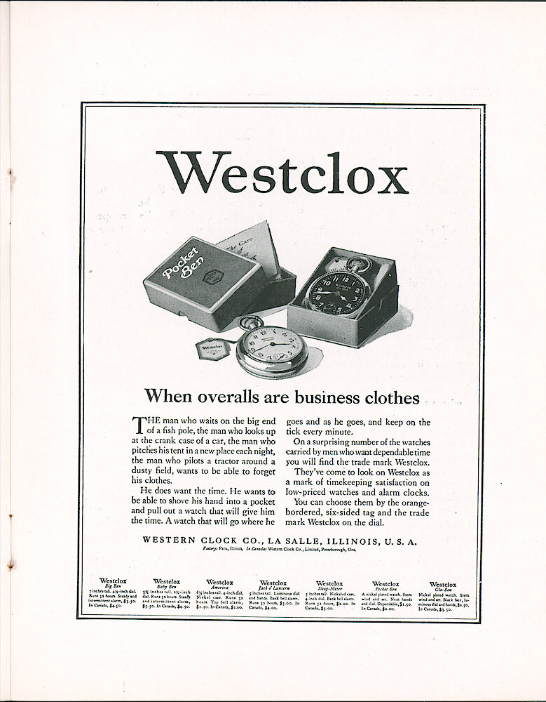 Westclox Tick Talk, June 1923 (Jewelers Edition), Vol. 8 No. 10 > 5. Advertisement: Shows Pocket Ben And Glo Ben "When Overalls Are Business Clothes" Caption And Article On Page 4. Appeared In June 16, Saturday Evening Post.