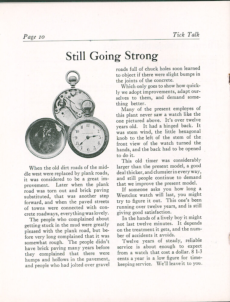 Westclox Tick Talk, June 1923 (Jewelers Edition), Vol. 8 No. 10 > 10. Historical Picture: A Pocket Watch From Ca. 1911. Hinged Back. "The American"