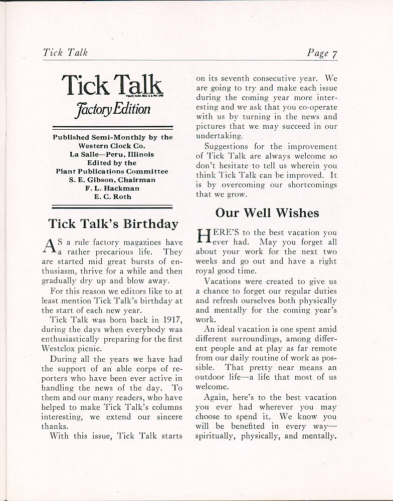 Westclox Tick Talk, July 5, 1923 (Factory Edition), Vol. 9 No. 1 > 7. Article: "Tick Talk&039;s Birthday"