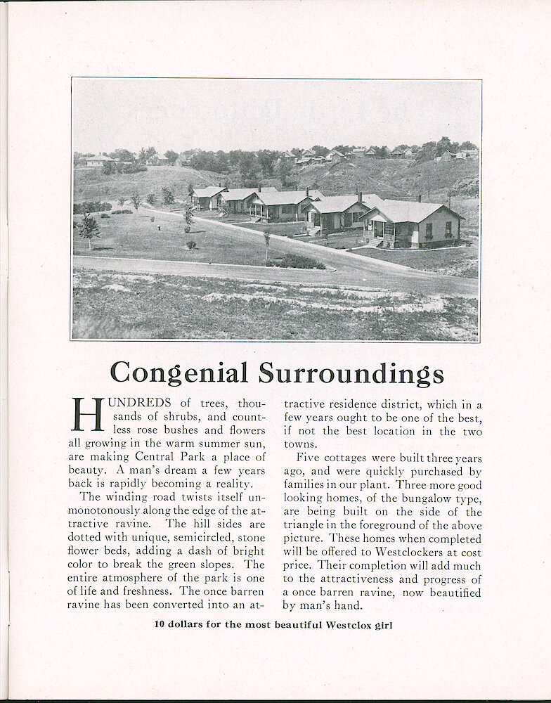 Westclox Tick Talk, August 5, 1923 (Factory Edition), Vol. 9 No. 3 > 3. Photo: "Congenial Surroundings" The Five Houses Built In Central Park Three Years Ago. Three New Bungalow Houses Are Being Built.