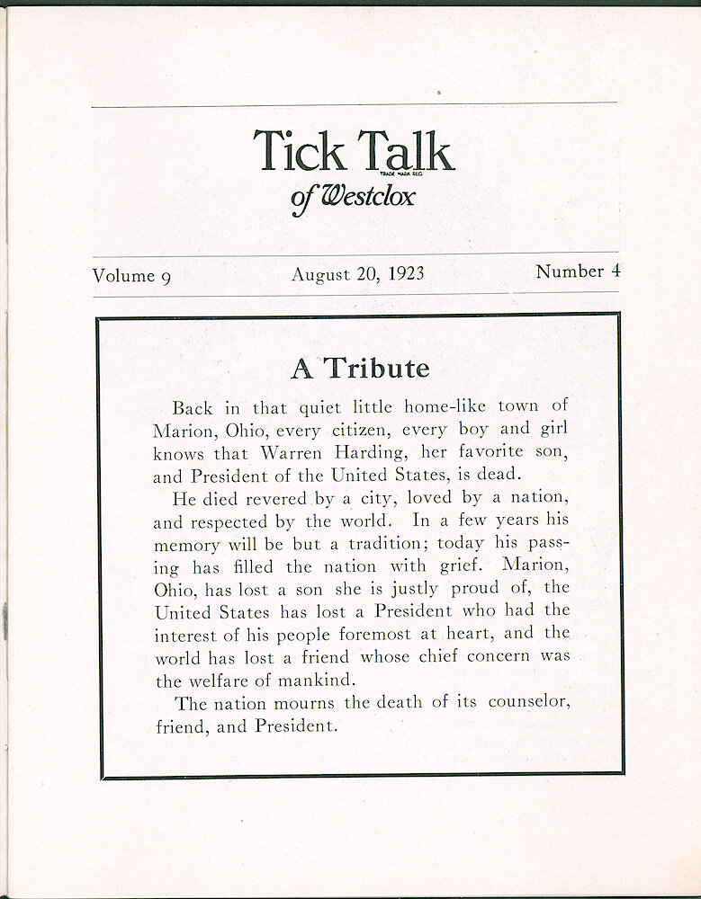 Westclox Tick Talk, August 20, 1923 (Factory Edition), Vol. 9 No. 4 > 1