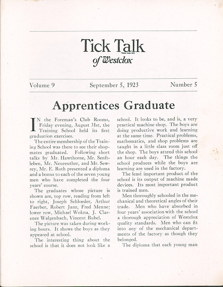 Westclox Tick Talk, September 5, 1923 (Factory Edition), Vol. 9 No. 5 > 1