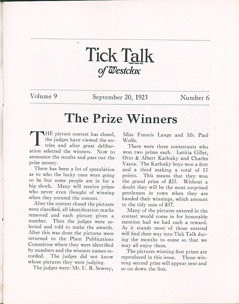 Westclox Tick Talk, September 20, 1923 (Factory Edition), Vol. 9 No. 6 > 1