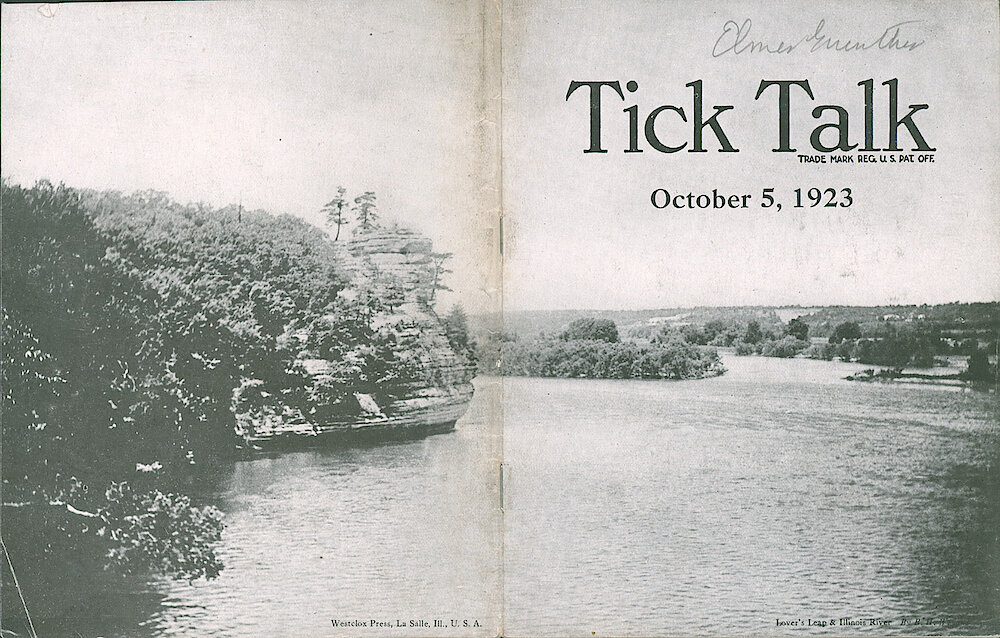 Westclox Tick Talk, October 5, 1923 (Factory Edition), Vol. 9 No. 7 > Cover. Picture: Lover&039;s Leap & Illinois River By B. H. Weyand