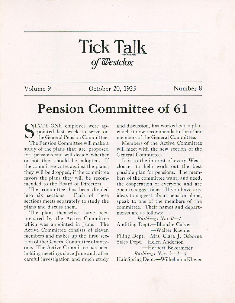 Westclox Tick Talk, October 20, 1920 (Factory Edition), Vol. 9 No. 8 > 1