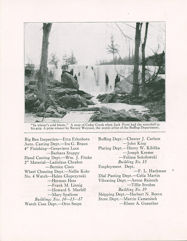 Westclox Tick Talk, October 20, 1920 (Factory Edition), Vol. 9 No. 8 > 3. Picture: "In Winter&039;s Cold Blasts" Cedar Creek, By Barney Weyand.