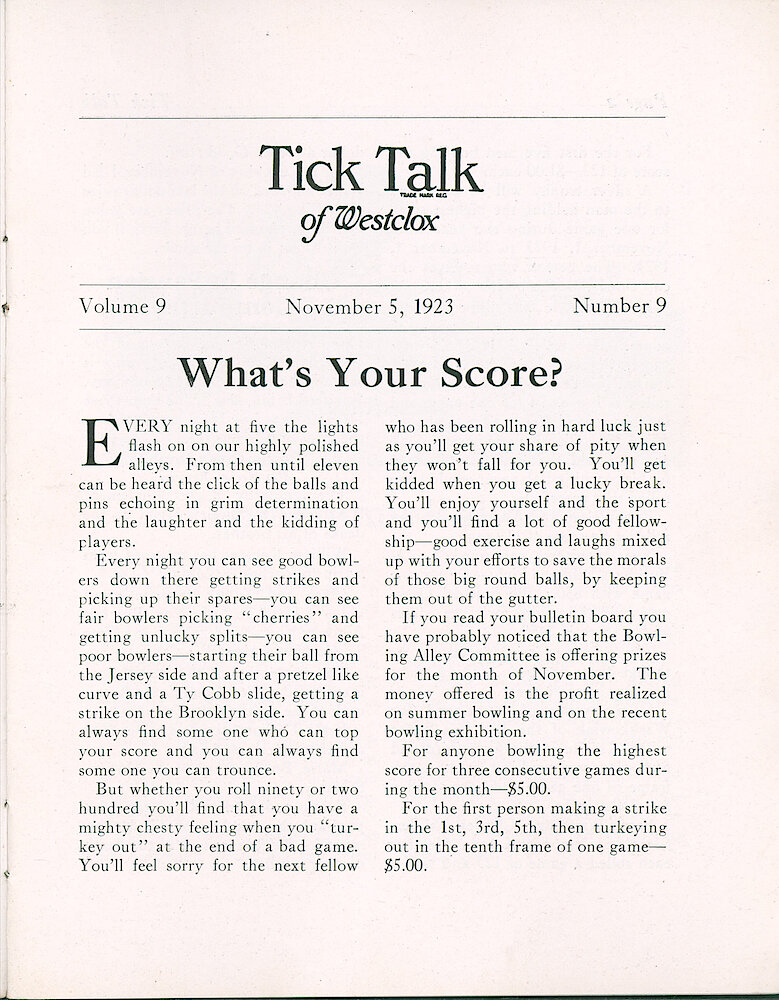 Westclox Tick Talk, November5, 1923 (Factory Edition), Vol. 9 No. 9 > 1