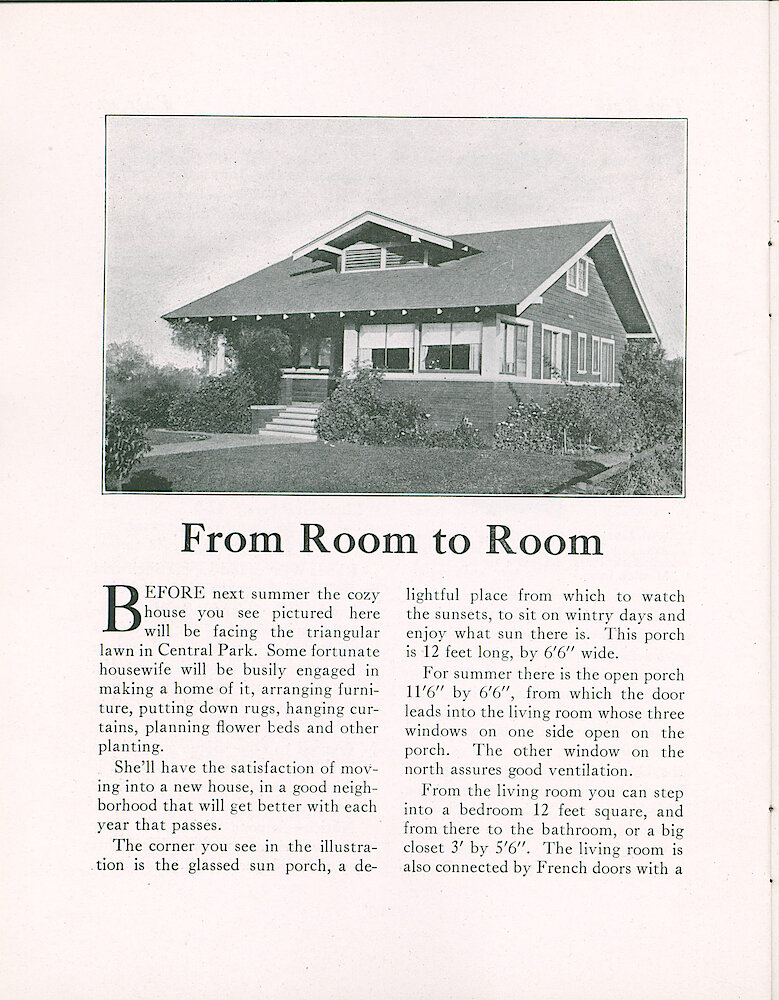 Westclox Tick Talk, November5, 1923 (Factory Edition), Vol. 9 No. 9 > 18. Article: "From Room To Room" Article, Picture And Layout Of A House To Be Built In Central Park For A Westclox Employee.