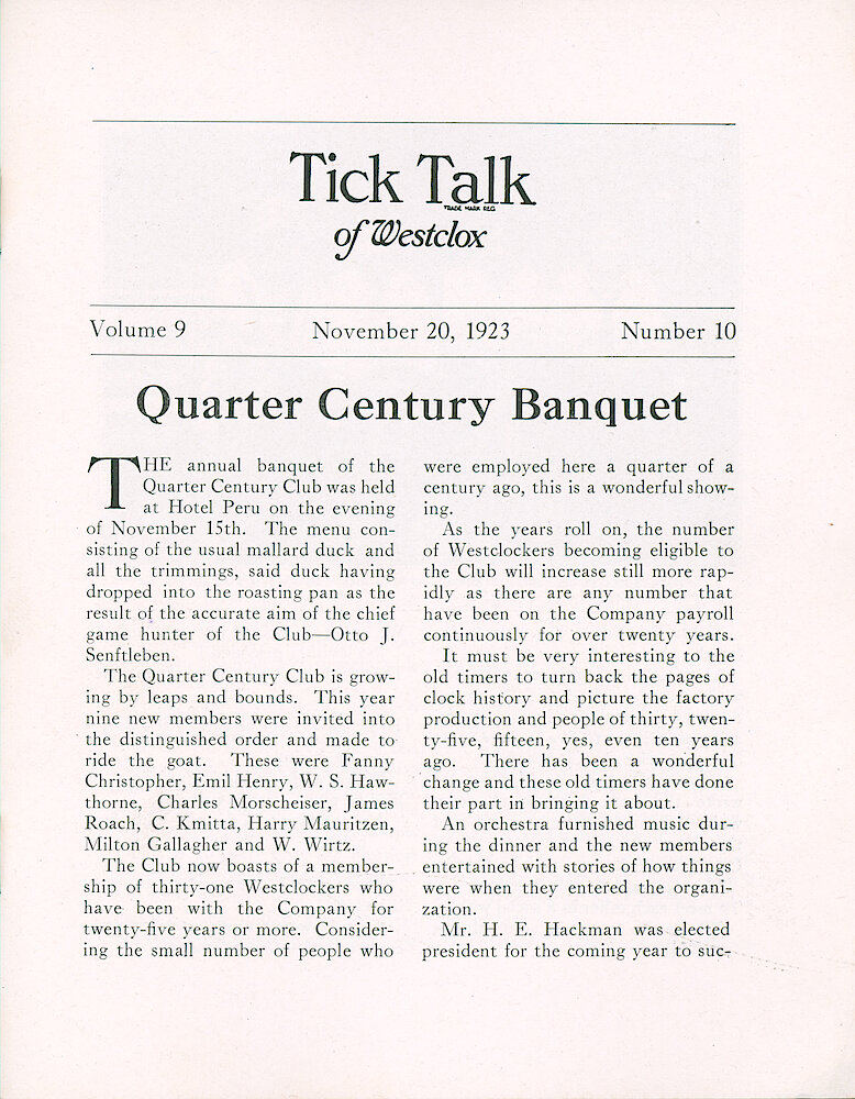 Westclox Tick Talk, November 20,1923 (Factory Edition), Vol. 9 No. 10 > 1