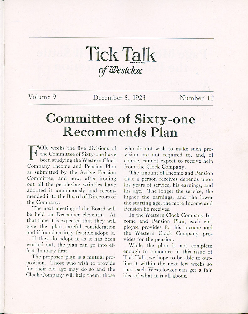 Westclox Tick Talk, December 5, 1923 (Factory Edition), Vol. 9 No. 11 > 1