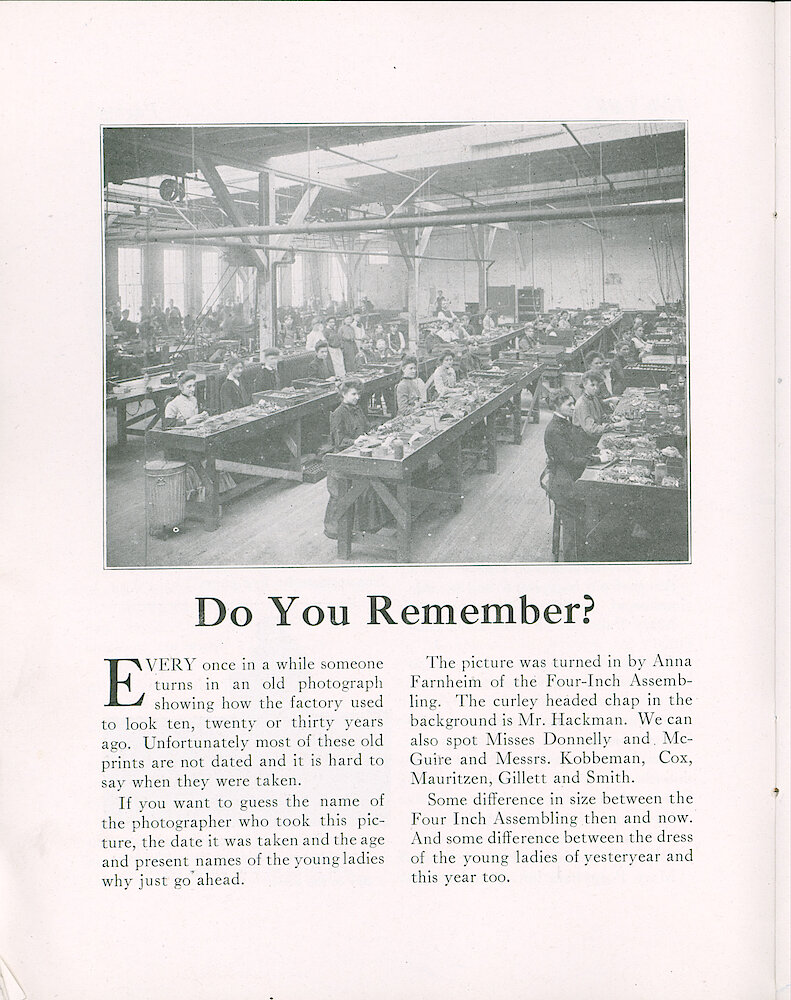 Westclox Tick Talk, December 5, 1923 (Factory Edition), Vol. 9 No. 11 > 6. Historical Picture: Four-Inch Assembling Department, Unknown Date.