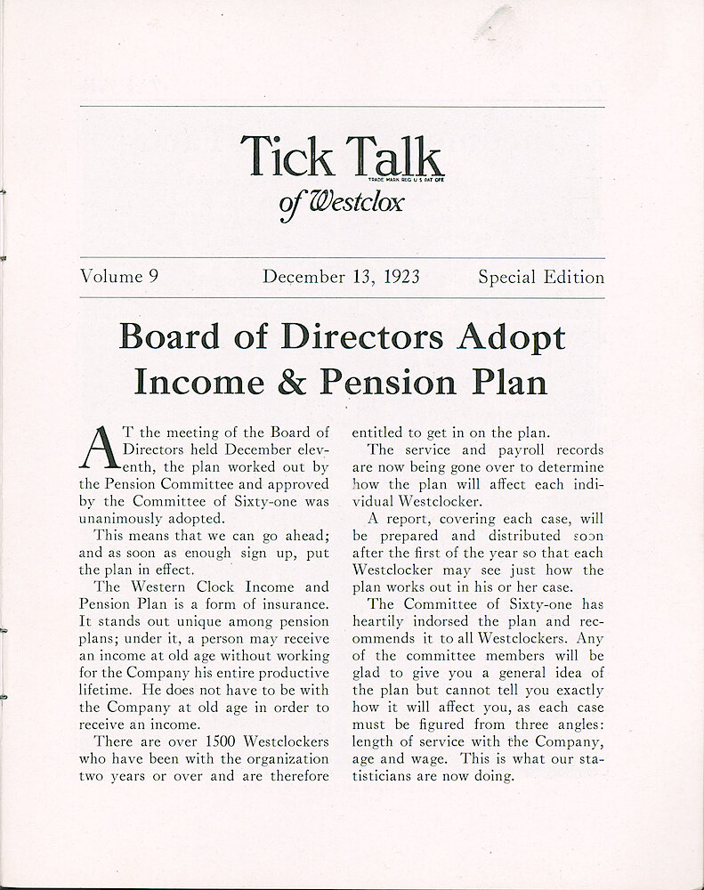 Westclox Tick Talk, December 13,1923 (Factory Edition), Vol. 9 Special Edition > 1