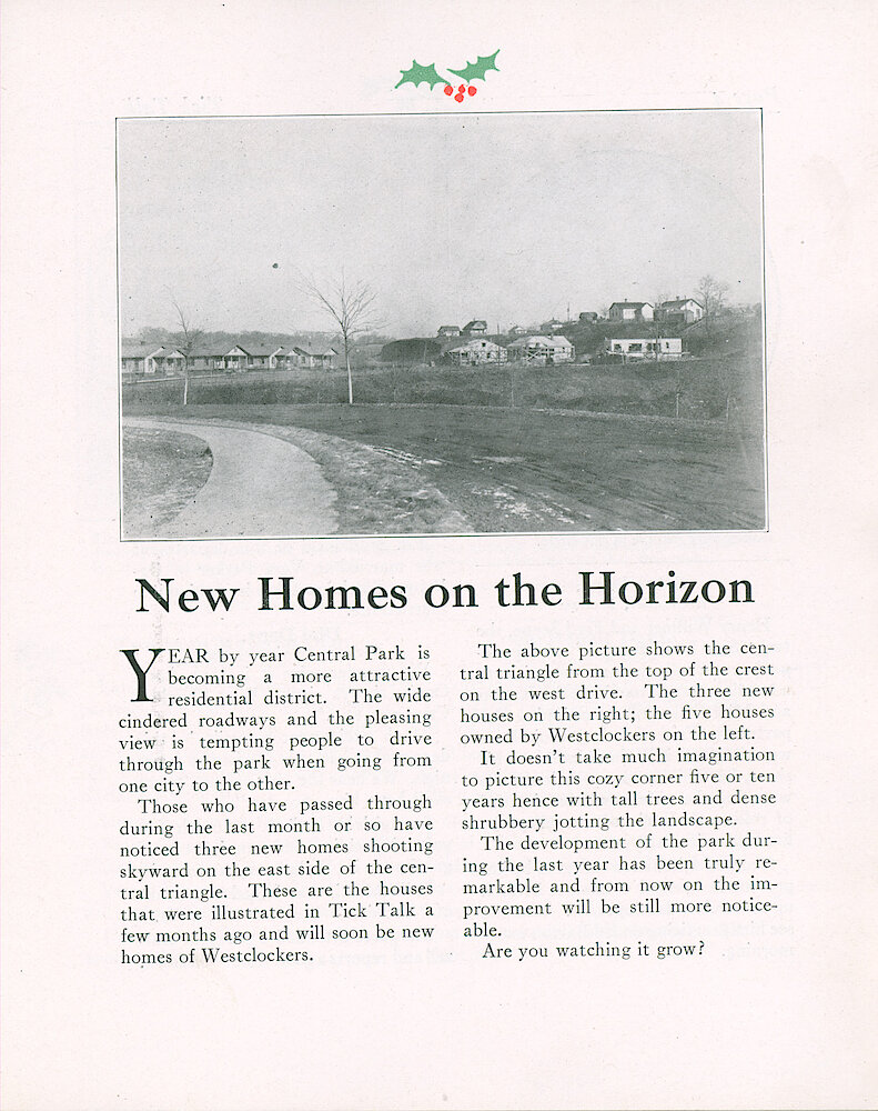 Westclox Tick Talk, December 20, 1923 (Factory Edition), Vol. 9 No. 12 > 3. Picture: "New Homes On The Horizon" Shows Three New Houses And The Five Completed Houses.